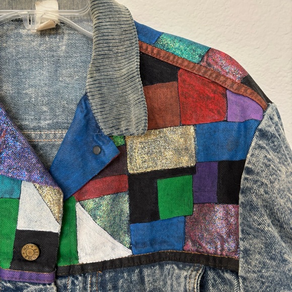 Acid Wash Denim Jacket w/ Hand Painted Color Blocks - Picture 4 of 6